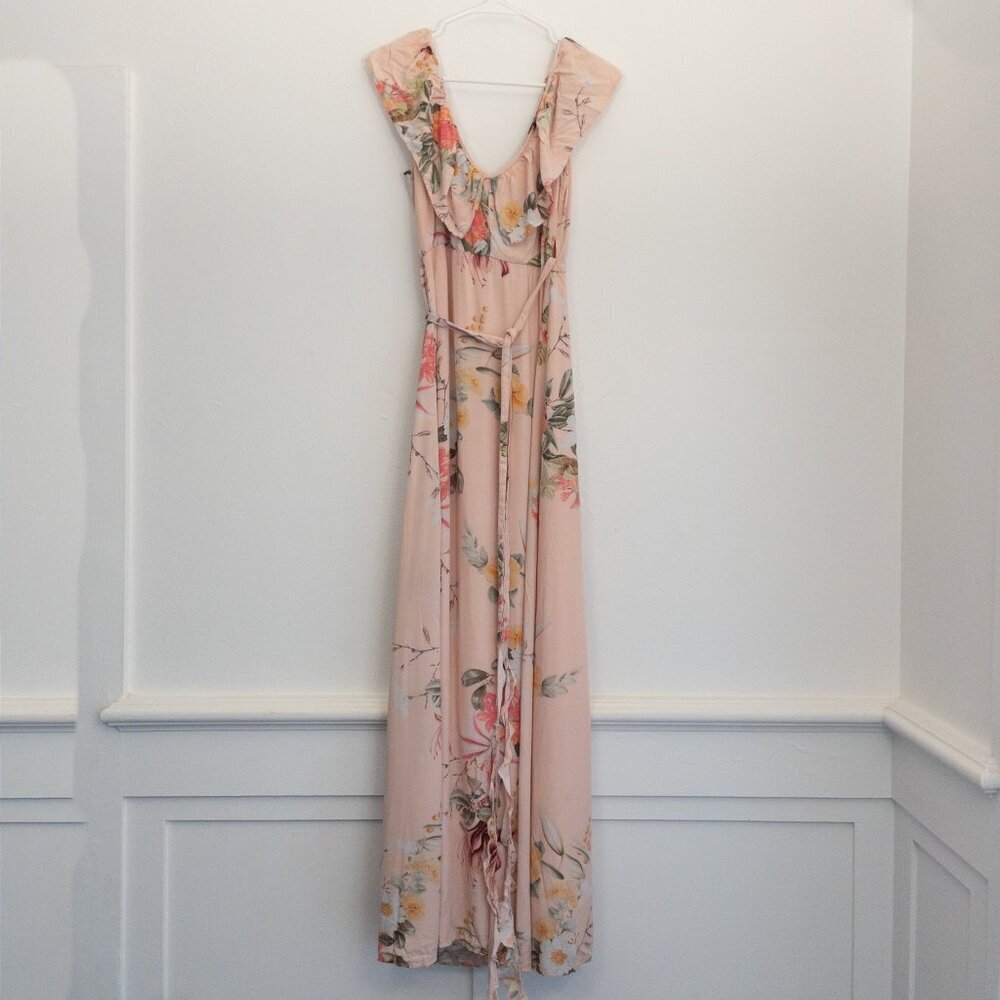 Plum Pretty Sugar Maxi Wrap Dress M/L Blush Floral Ruffle Rayon Boho Chic - Picture 3 of 8